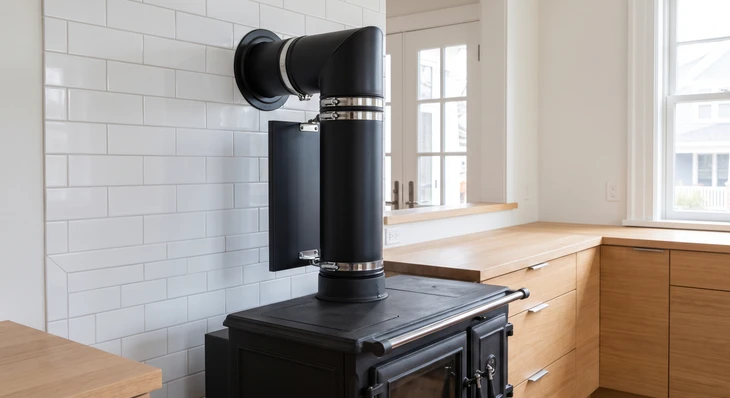 Poêle à bois design dans un salon, installé en angle
