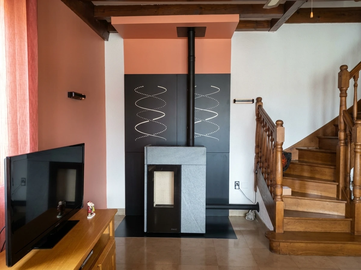 Intérieur moderne avec poêle à bois en fonctionnement, flammes visibles par la vitre