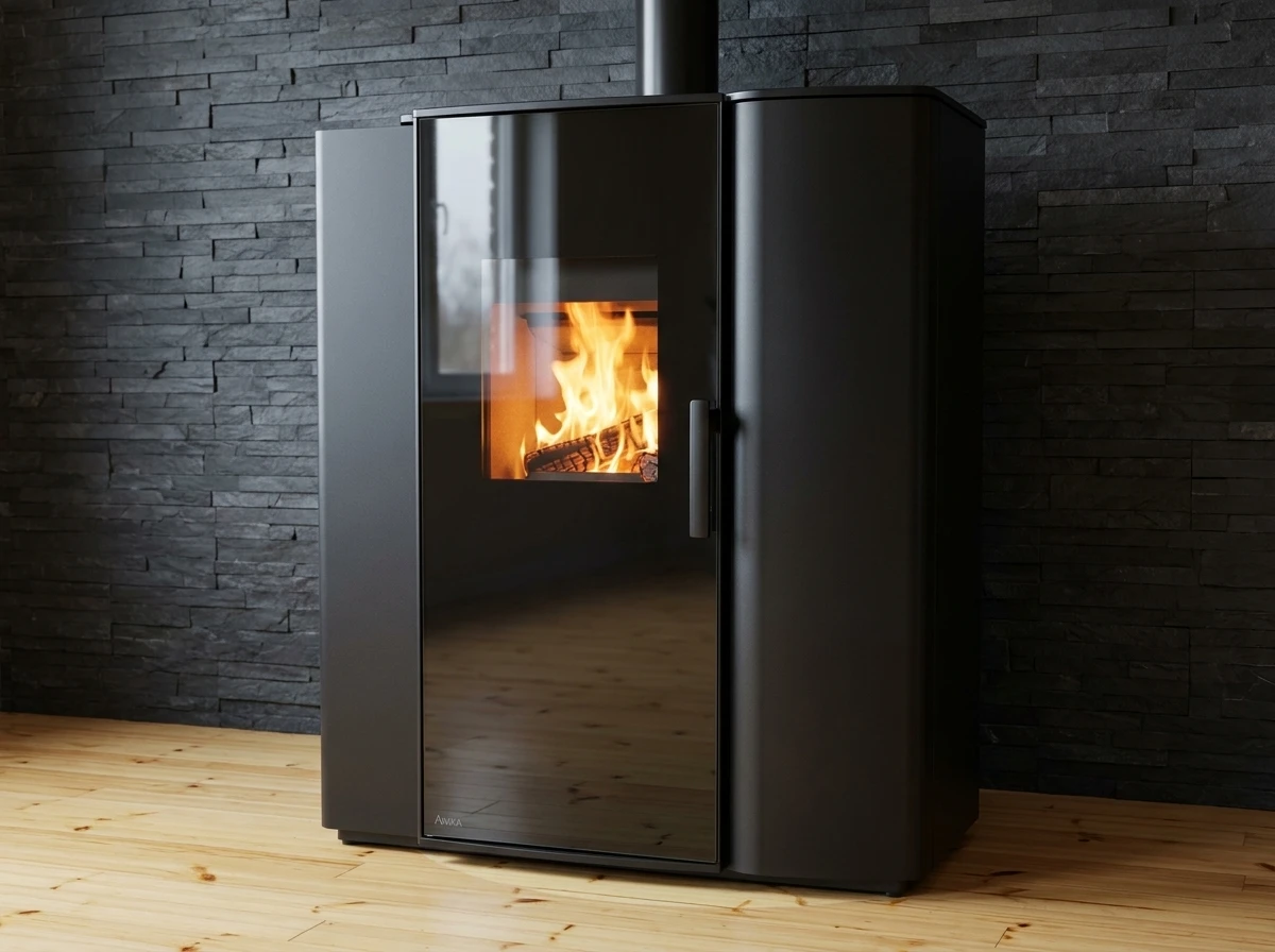 Intérieur moderne avec poêle à bois cylindrique noir en fonctionnement, flammes visibles dans la chambre de combustion