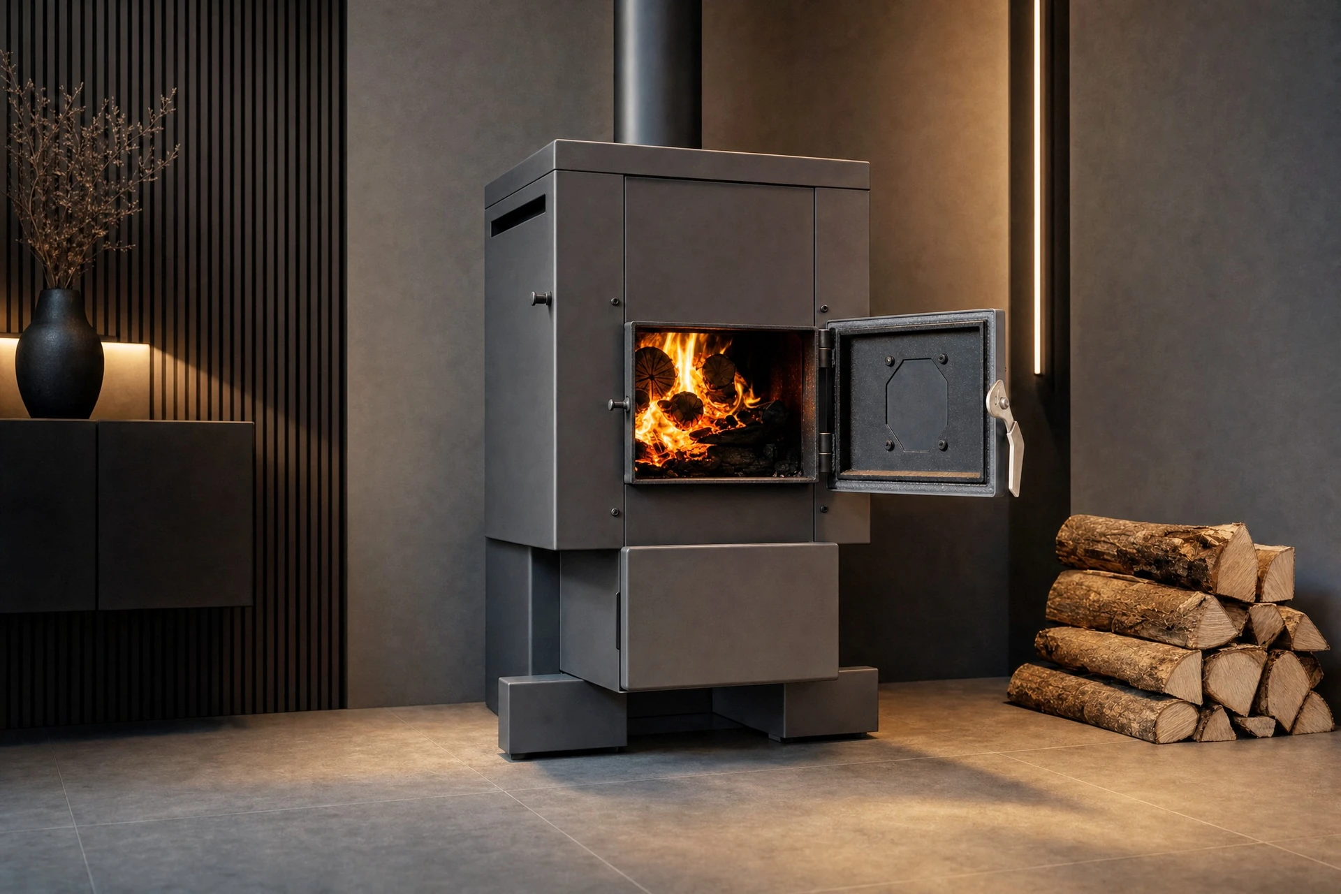 Poêle à bois design contemporain en acier émaillé noir brillant, vitre ovale frontale révélant un foyer actif avec flammes vives