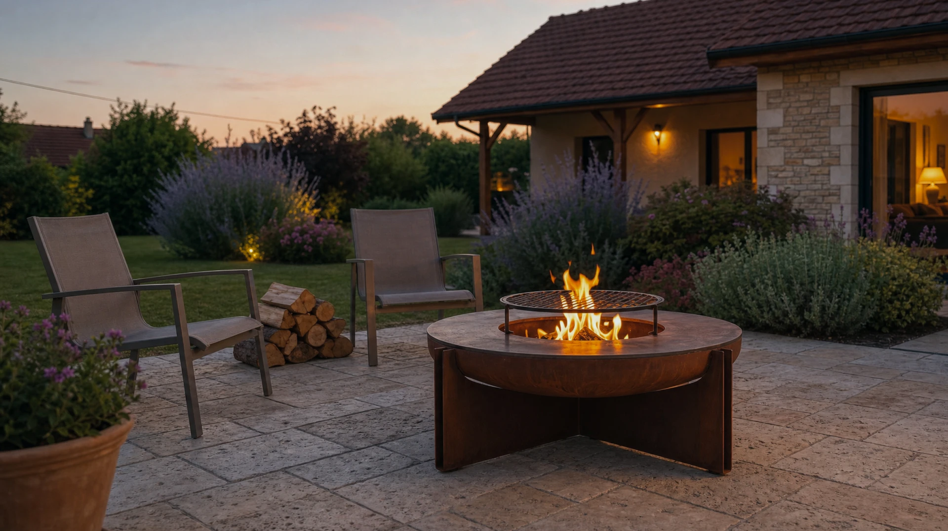 Poêle à bois design contemporain en acier émaillé noir brillant, vitre ovale frontale révélant un foyer actif avec flammes vives